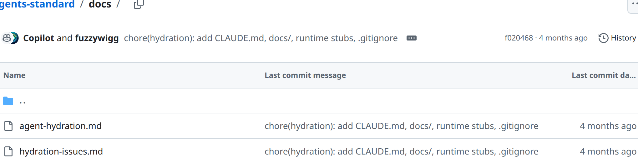 Cropped public GitHub docs/ tree on alpha: path agents-standard / docs /, files agent-hydration.md and hydration-issues.md.