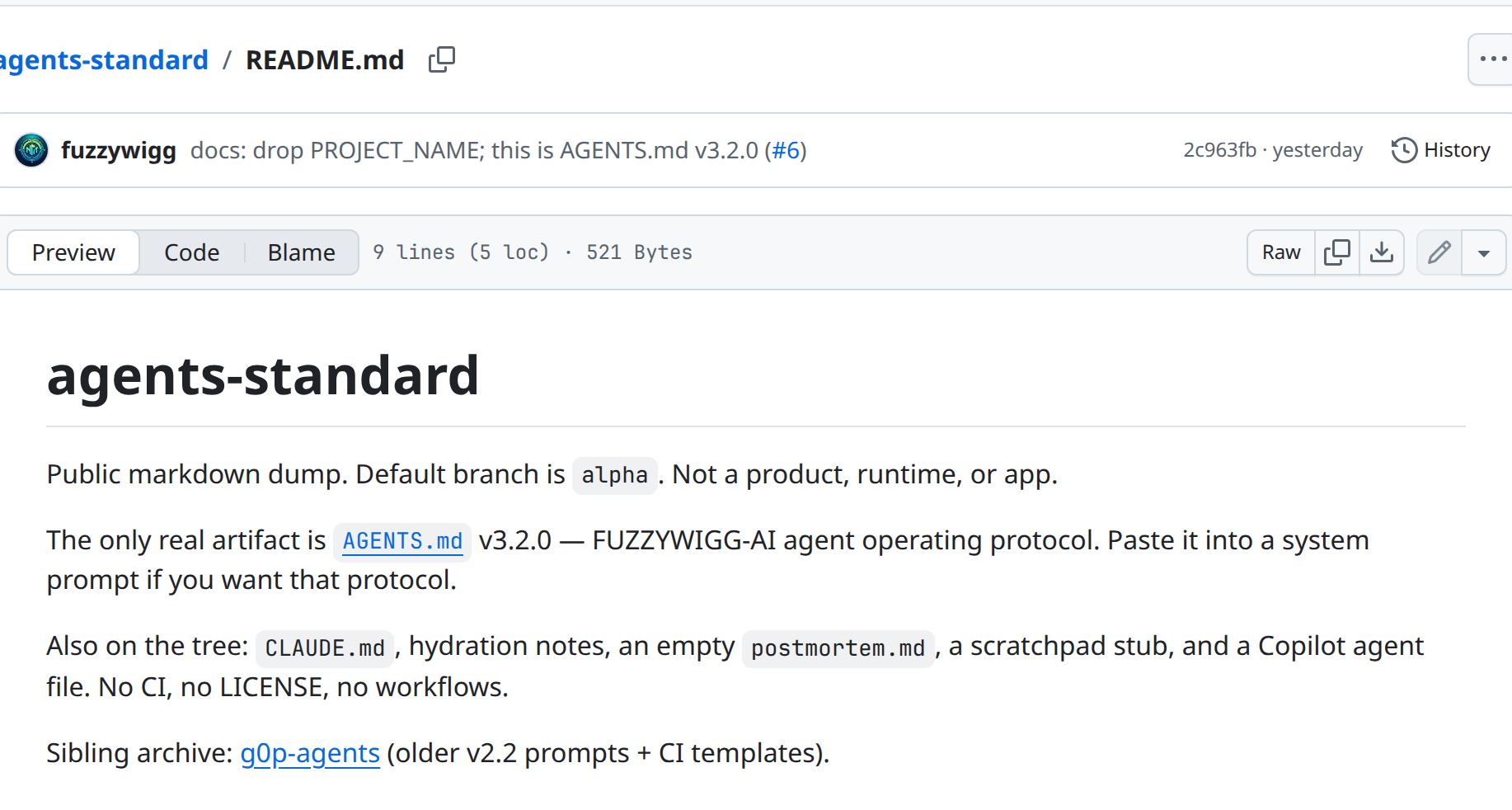 Cropped public GitHub README.md on branch alpha: agents-standard H1, public markdown dump lede, AGENTS.md v3.2.0 protocol note, and sibling g0p-agents link.