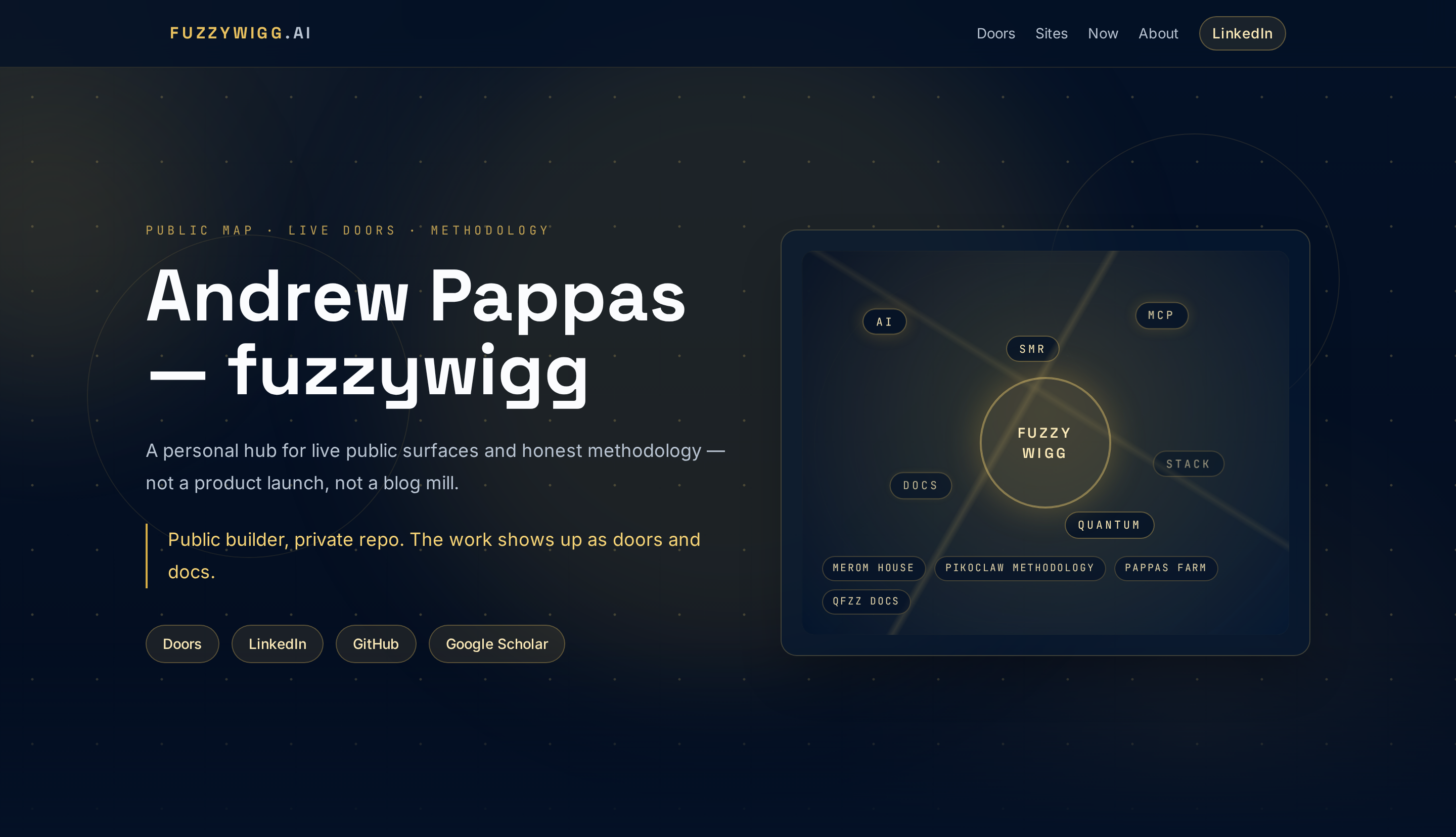 Cropped www.fuzzywigg.ai home hero: Andrew Pappas — fuzzywigg, LinkedIn among first-screen CTAs, and the two-column constellation.