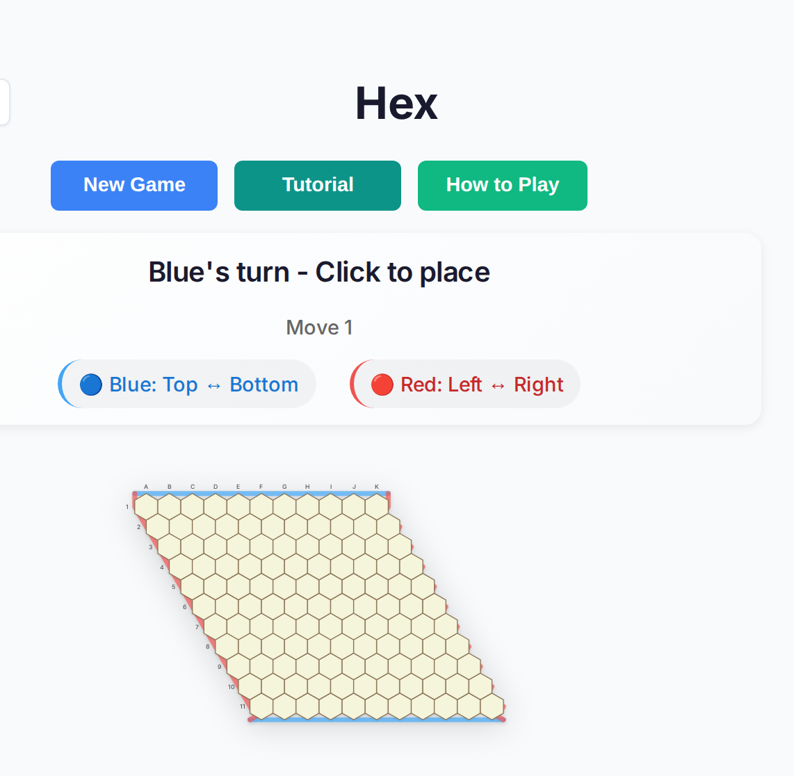 Cropped Hex game on math.pappas.work: Hex title, New Game / Tutorial / How to Play, Blue’s turn status, and empty 11×11 hex board with blue and red goal edges.