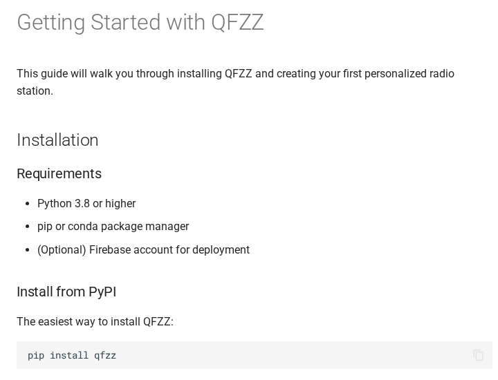 Cropped QFZZ Getting Started page showing Installation requirements and Install from PyPI with pip install qfzz.